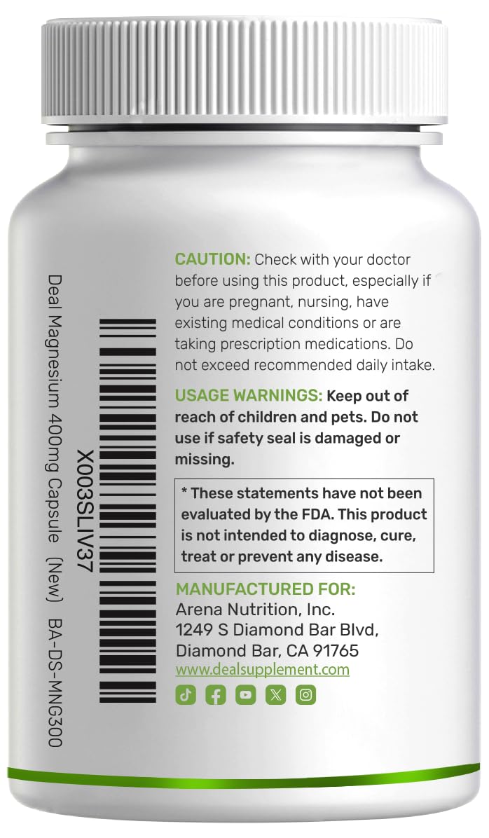 Magnesium Glycinate 400mg, 300 Capsules B3952