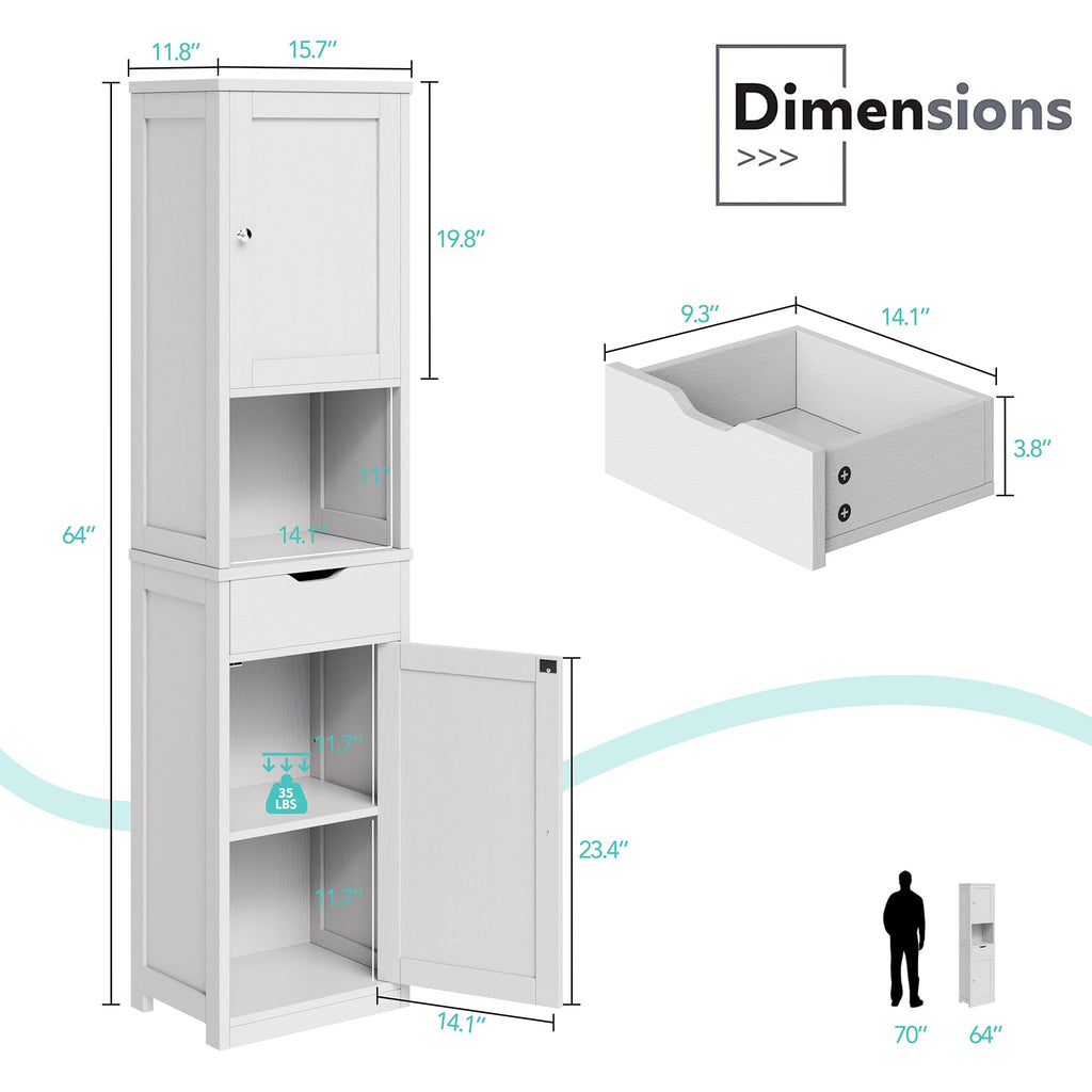 Tall Narrow Bathroom Storage Cabinet with Adjustable Shelves, White R102339
