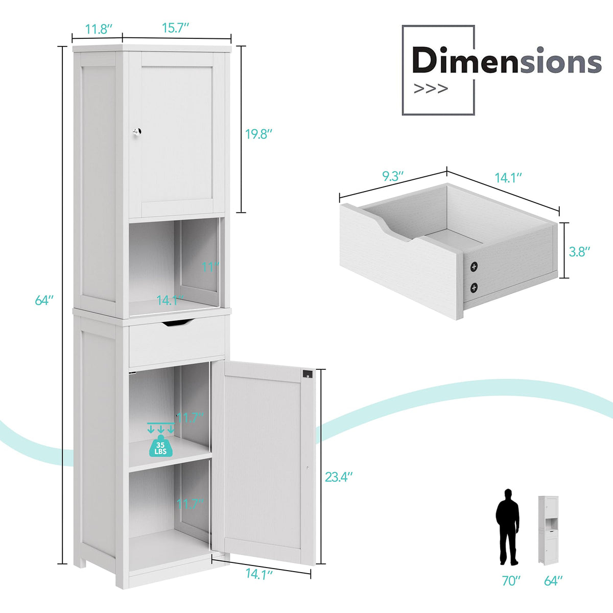 Tall Narrow Bathroom Storage Cabinet with Adjustable Shelves, White R102339