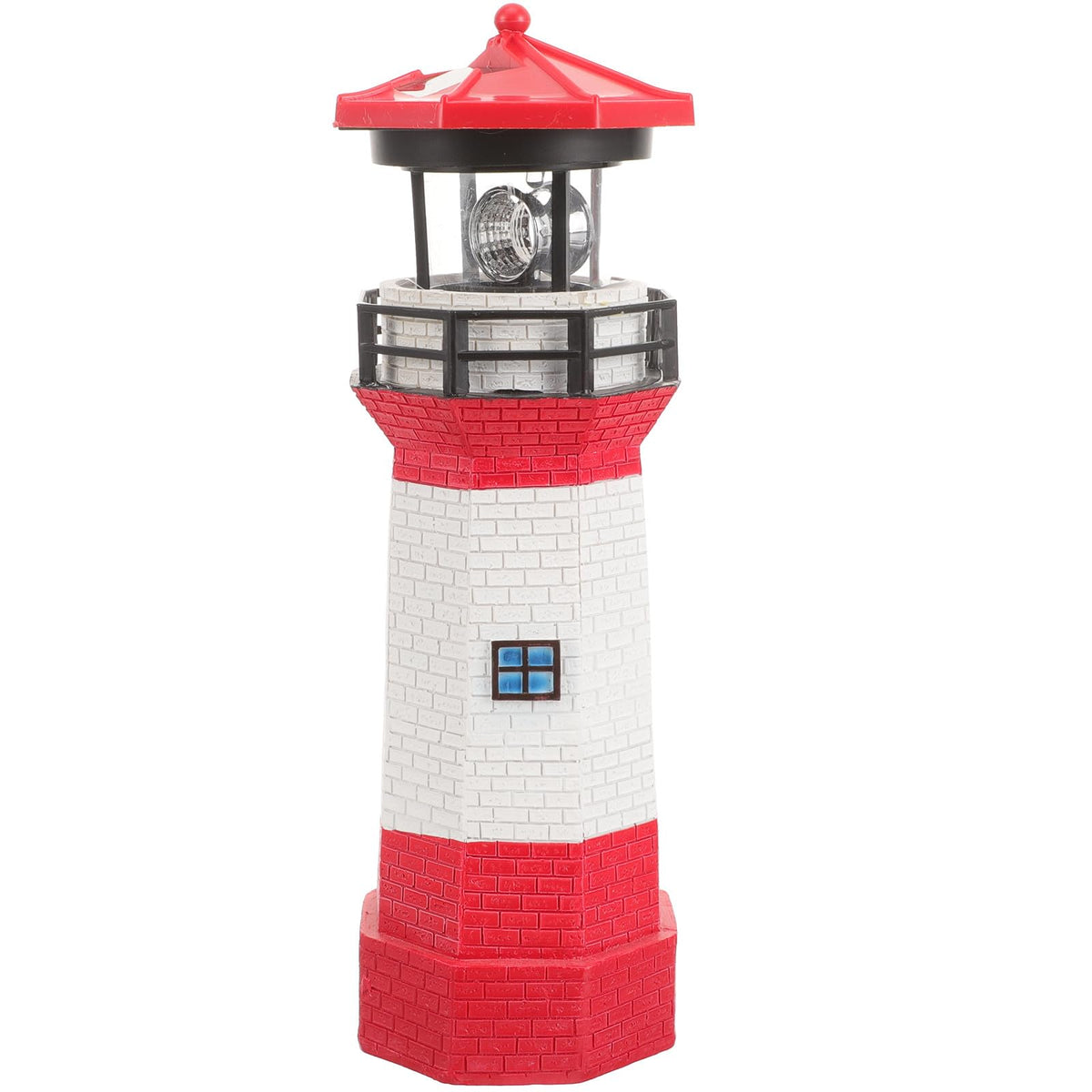 Solar Powered Rotating Lighthouse Figurine Red Resin Metal Landscape Light with LED V949079
