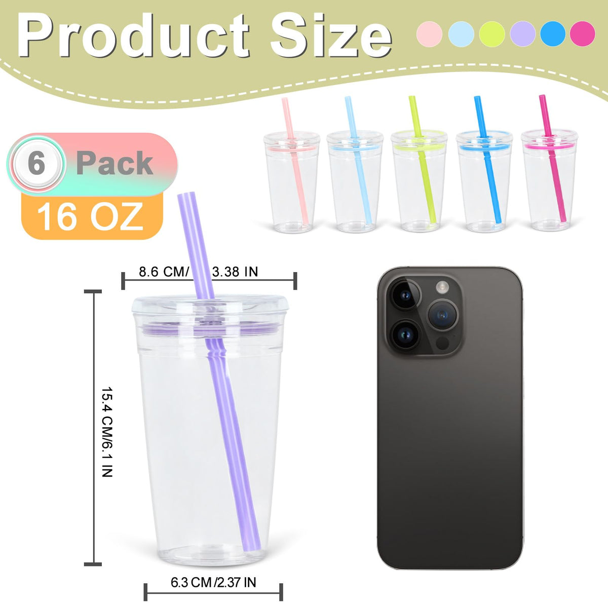 6 Pack 16Oz Acrylic Tumbler with Straw and Lid J472
