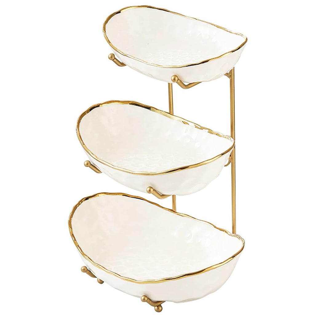 White 3 Tier Ceramic Fruit Bowl with Metal Holder J3367
