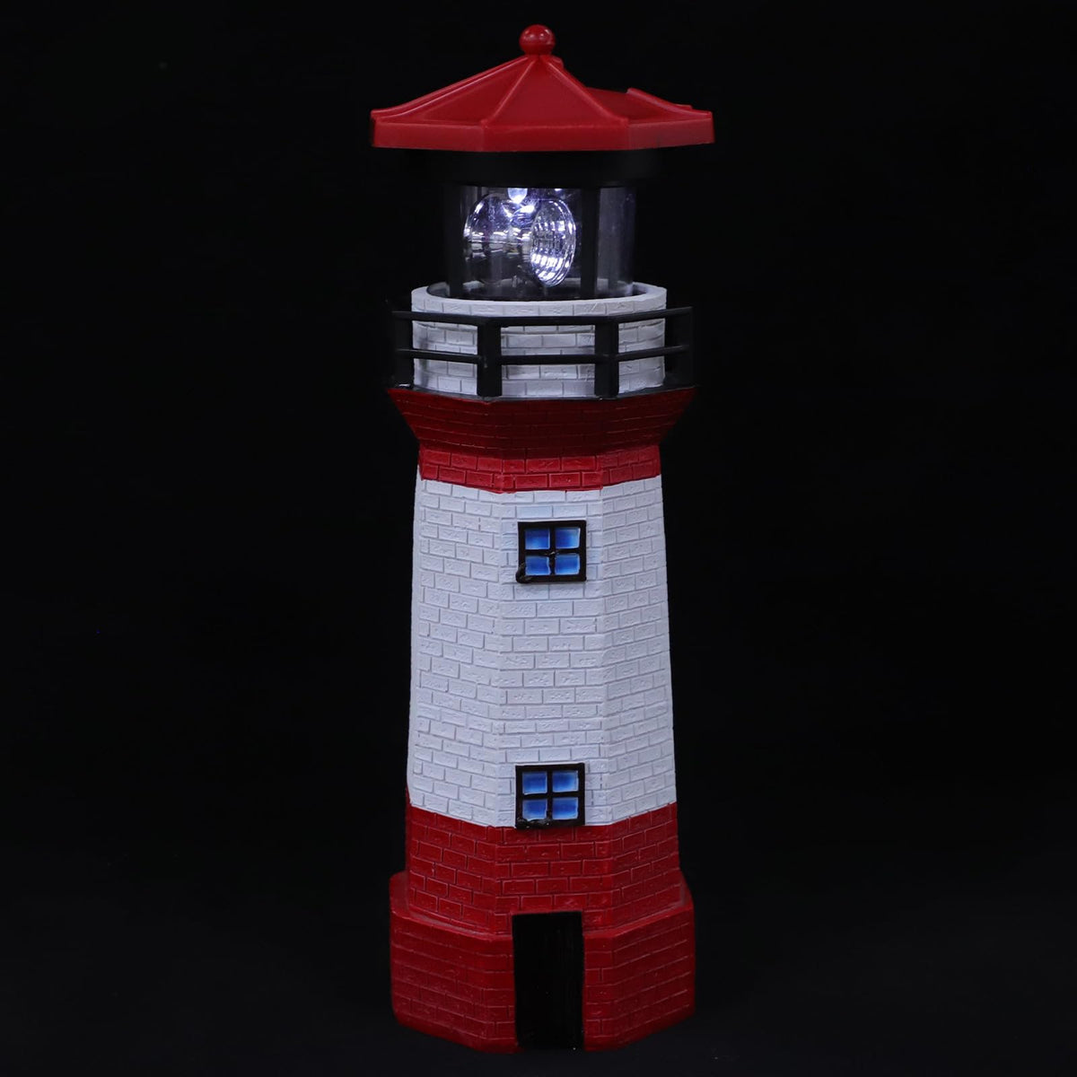 Solar Powered Rotating Lighthouse Figurine Red Resin Metal Landscape Light with LED V949079