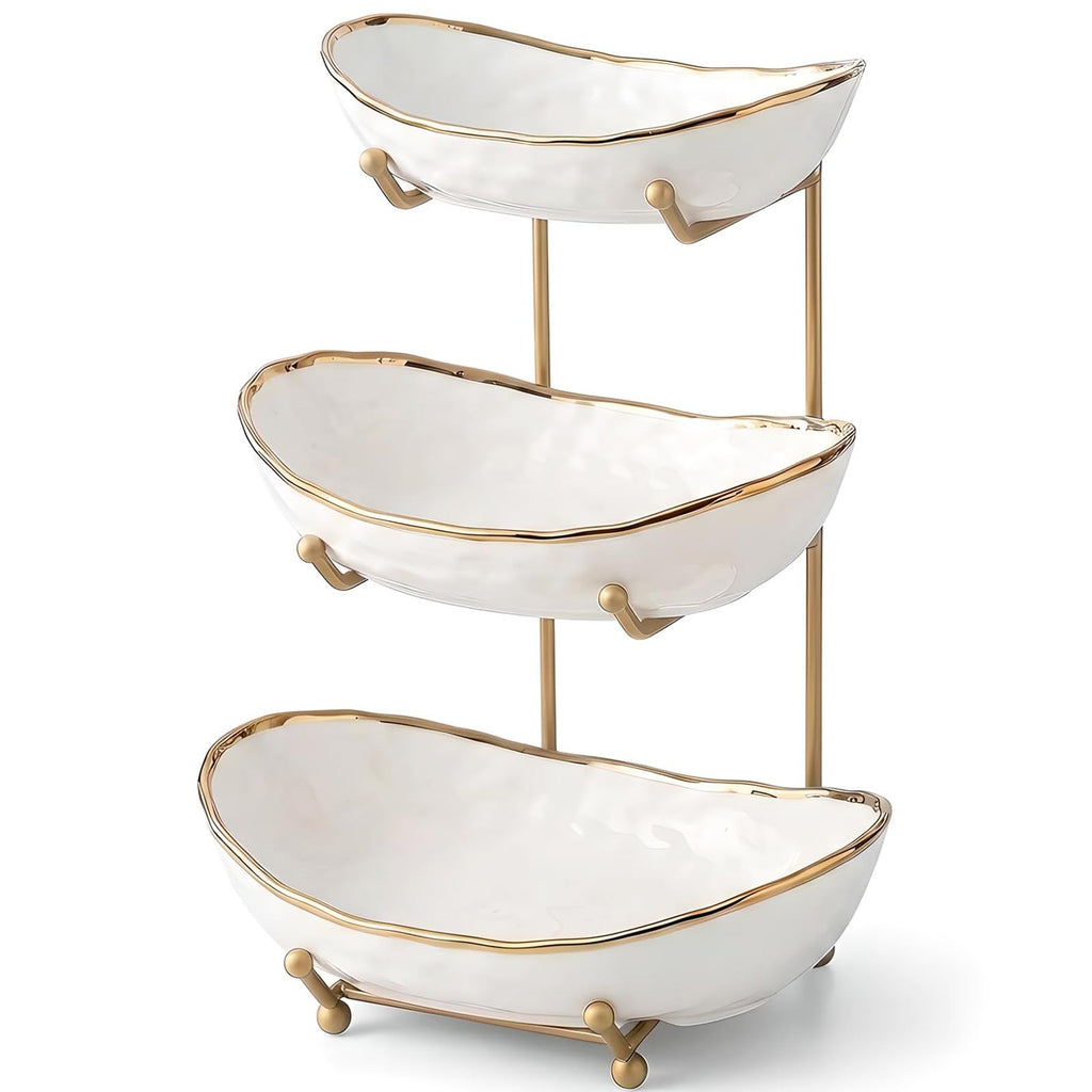 White 3 Tier Ceramic Fruit Bowl with Metal Holder J3367