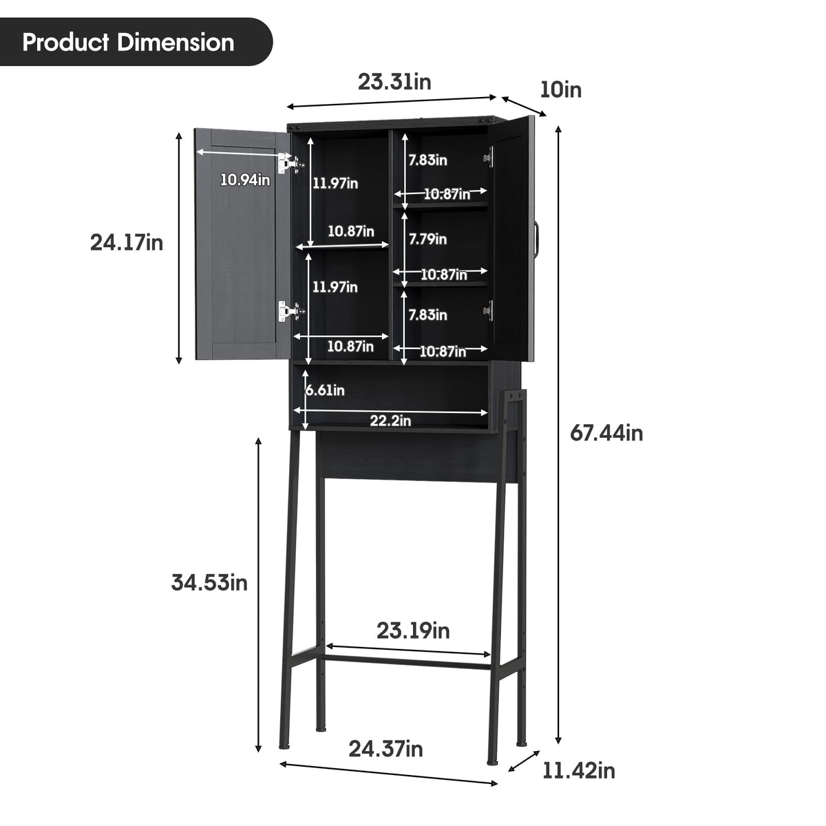 Over The Toilet Storage Cabinet with 2-Door Design Black A961