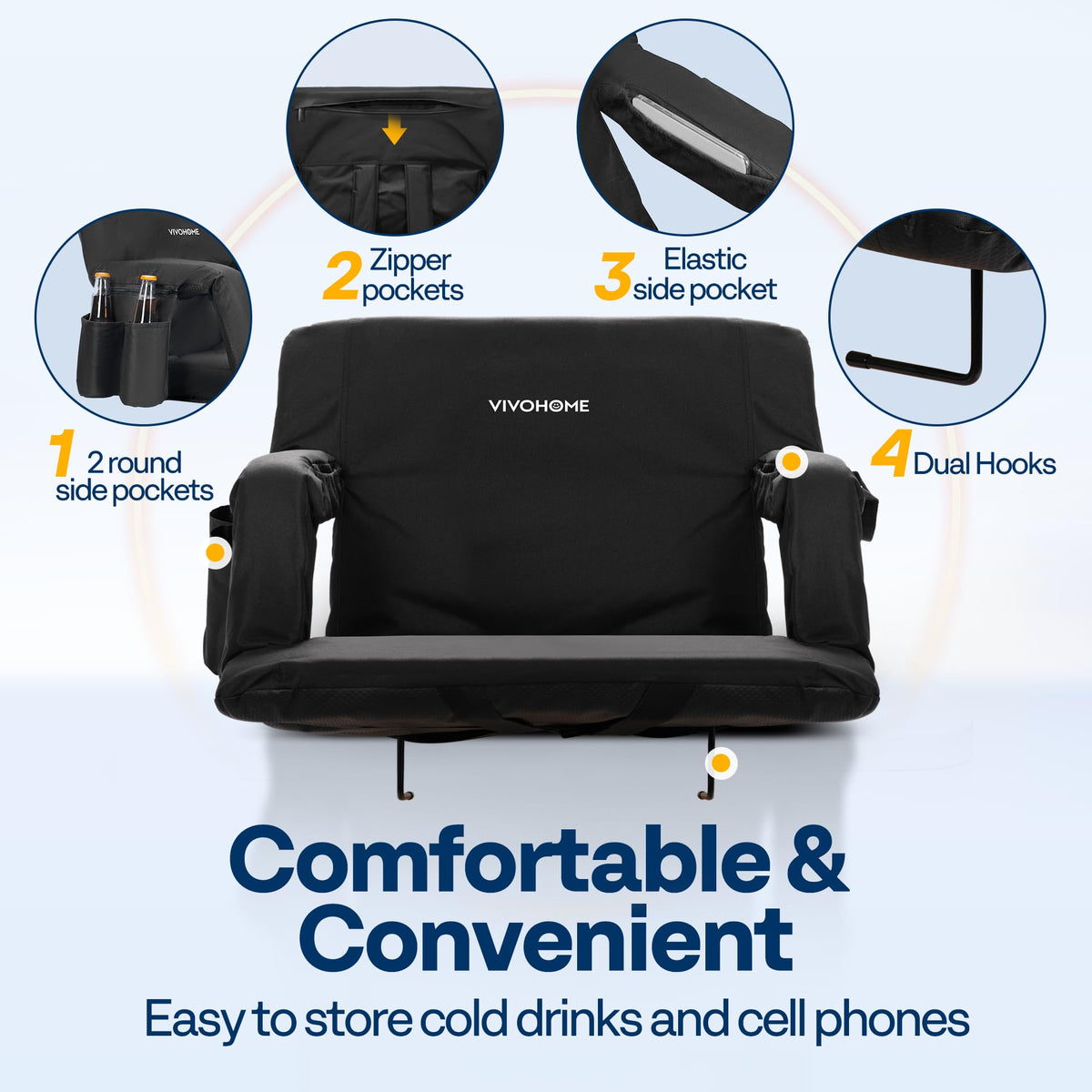 2 Pack Portable Padded Stadium Seats with Back Support and Cup Holder V6901