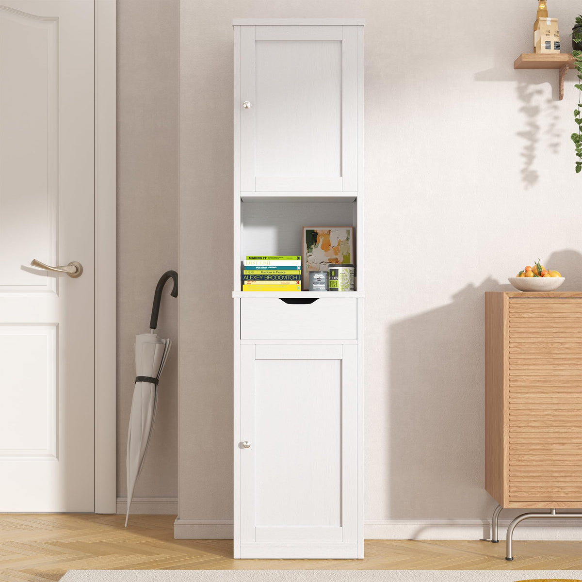 Tall Narrow Bathroom Storage Cabinet with Adjustable Shelves, White R102339