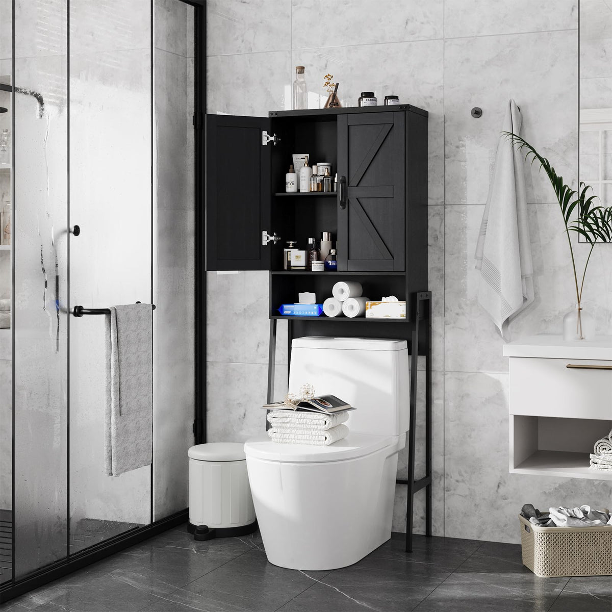 Over The Toilet Storage Cabinet with 2-Door Design Black A961