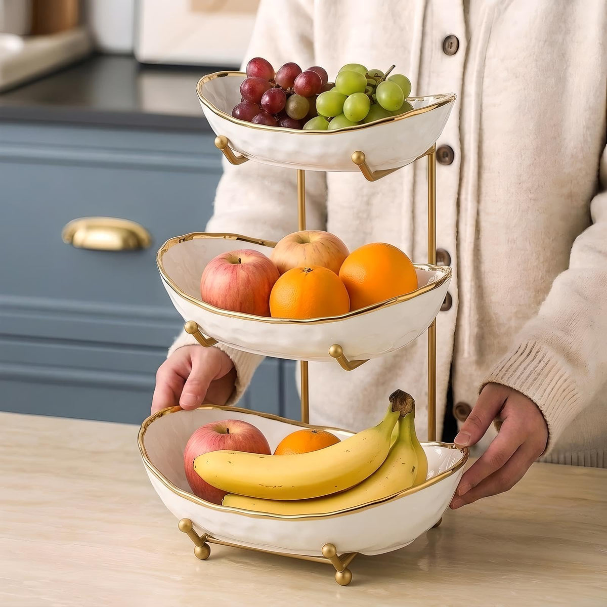 White 3 Tier Ceramic Fruit Bowl with Metal Holder J3367