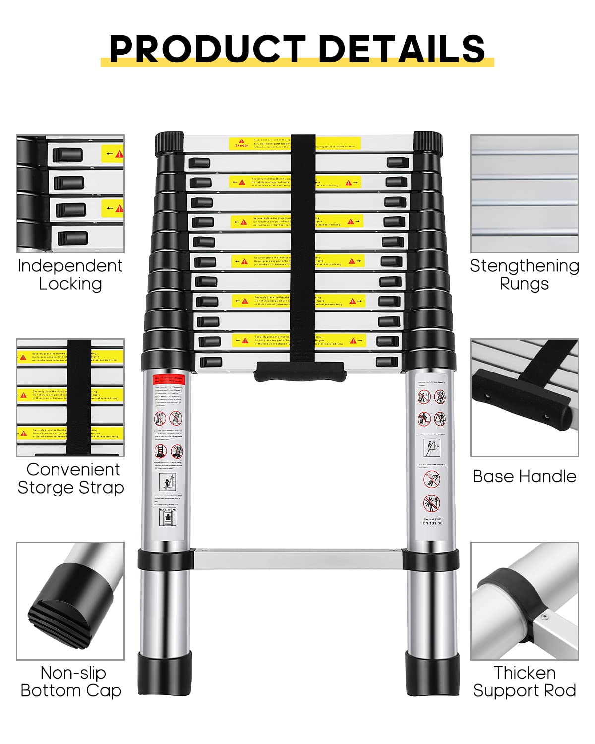 12.5FT Aluminum Telescoping Ladder 330 lb E504534
