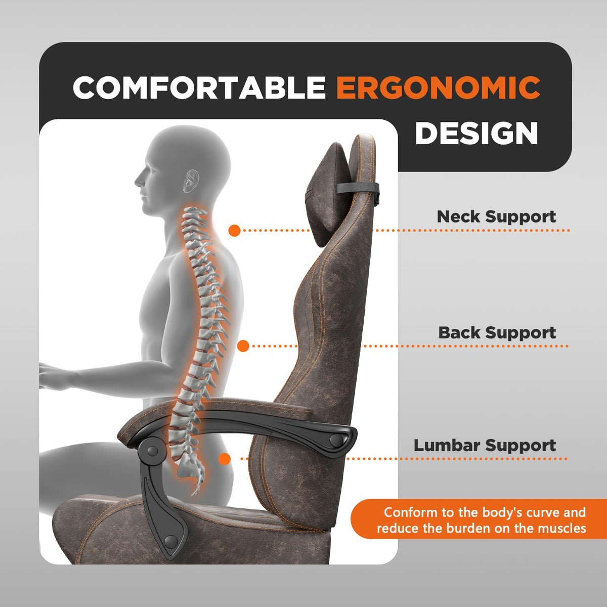 Brown PU Leather Ergonomic Reclining Gaming Chair with Massage Lumbar Support and Footrest V85309