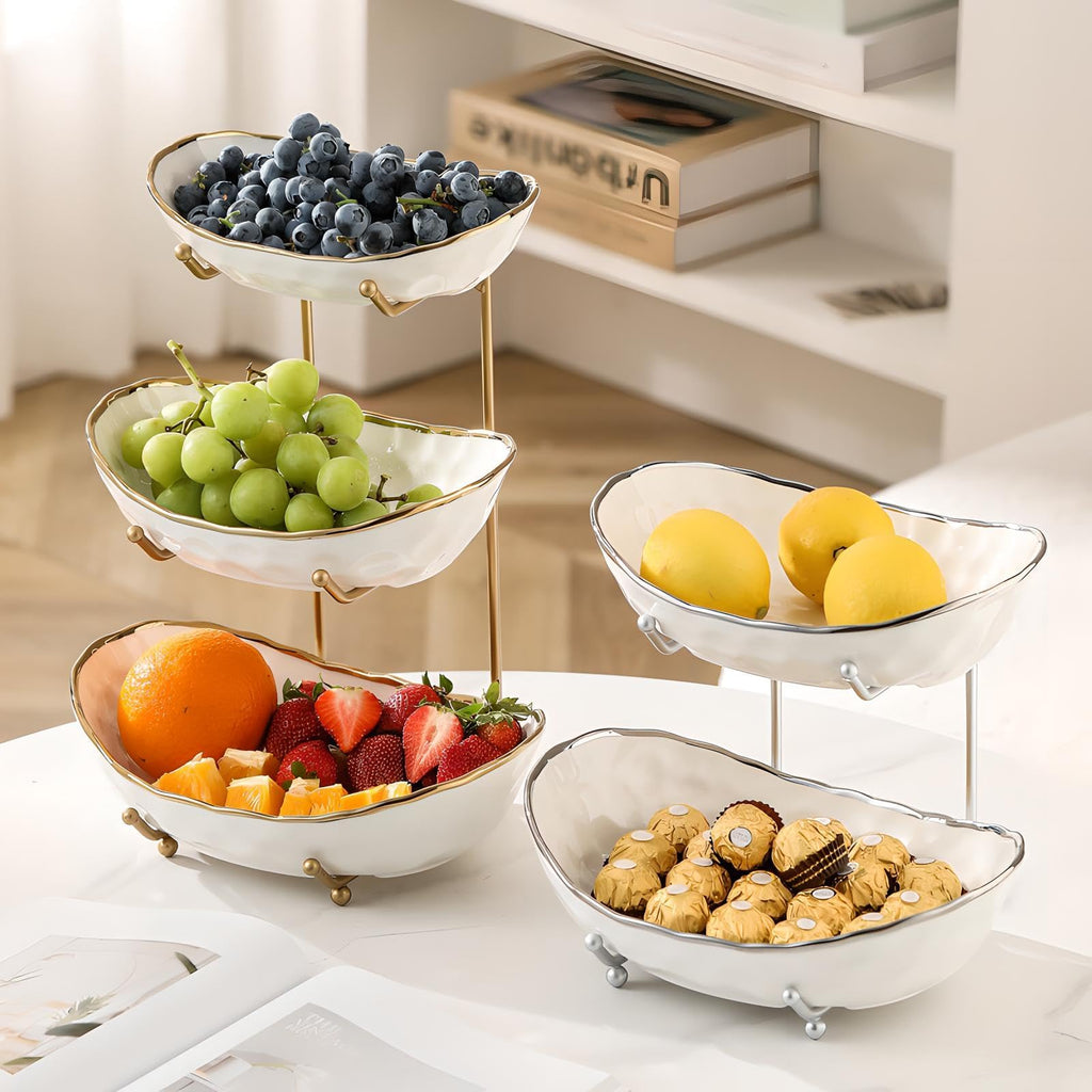 White 3 Tier Ceramic Fruit Bowl with Metal Holder J3367