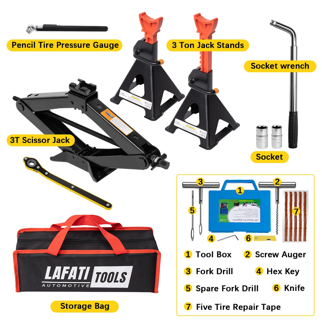 3 Ton Scissor Jack and Jack Stands Kit with Lug Wrench O475