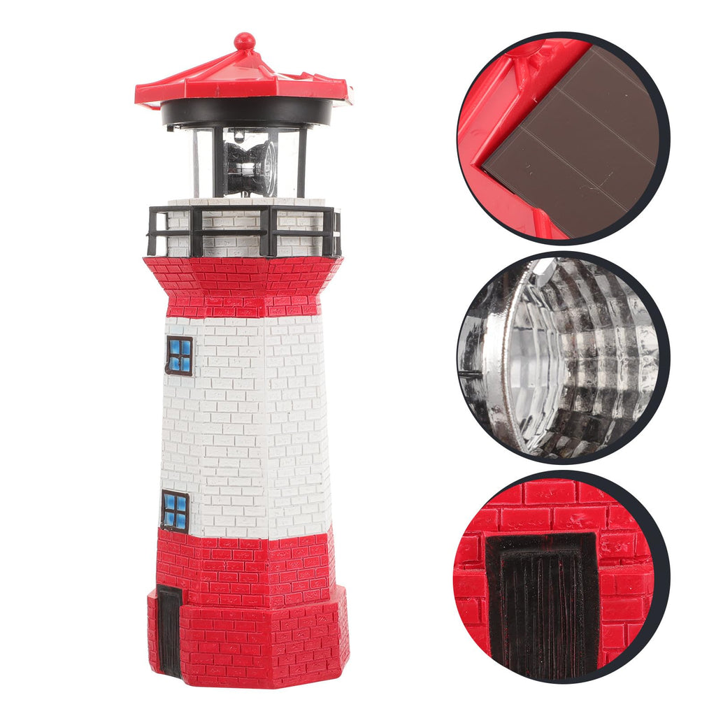 Solar Powered Rotating Lighthouse Figurine Red Resin Metal Landscape Light with LED V949079