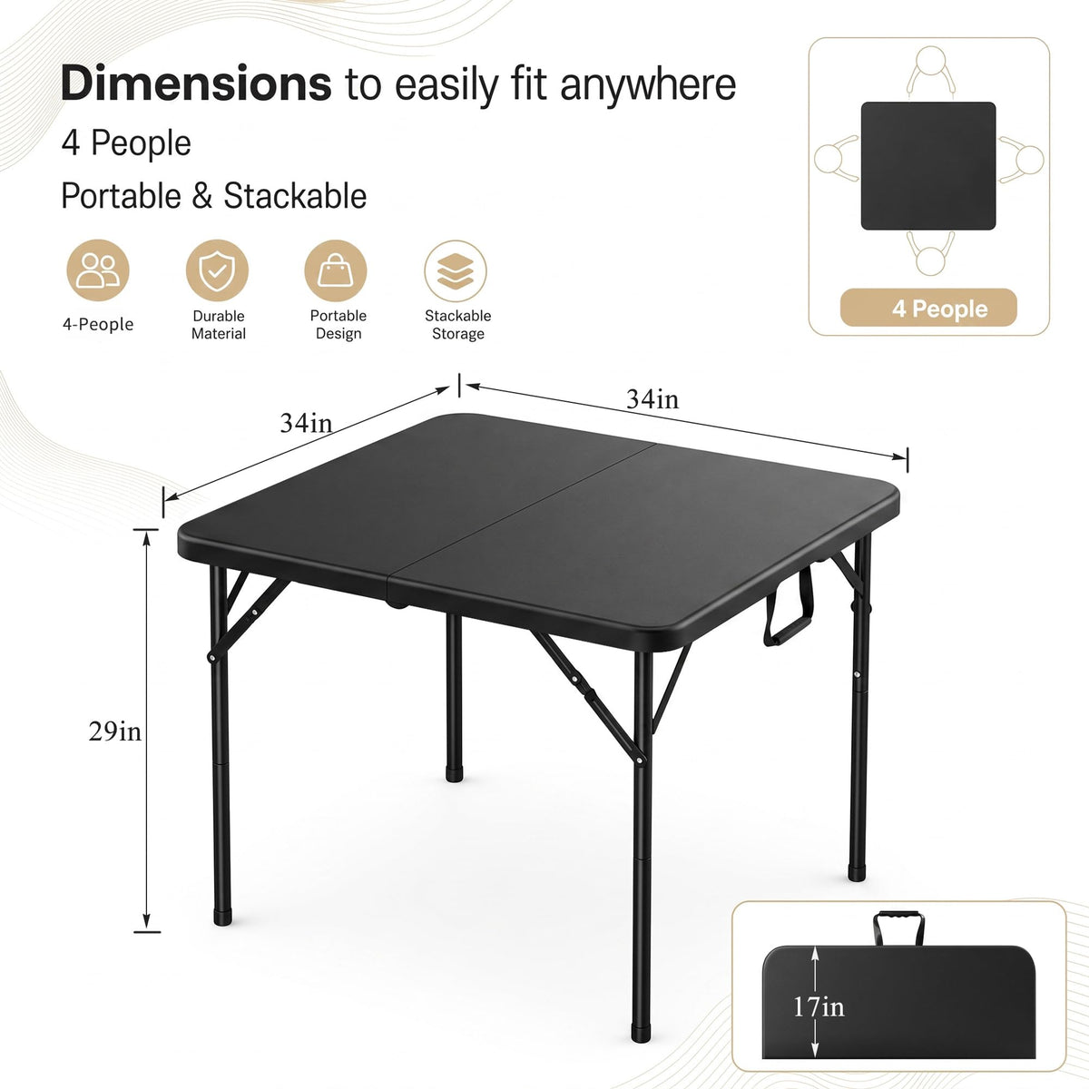 34" Square Folding Card Table with Built-in Handle, Black P426467