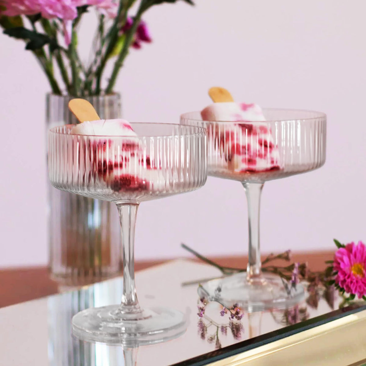 Ribbed Coupe Glasses Set of 6, 9 oz Crystal Cocktail Glassware S382