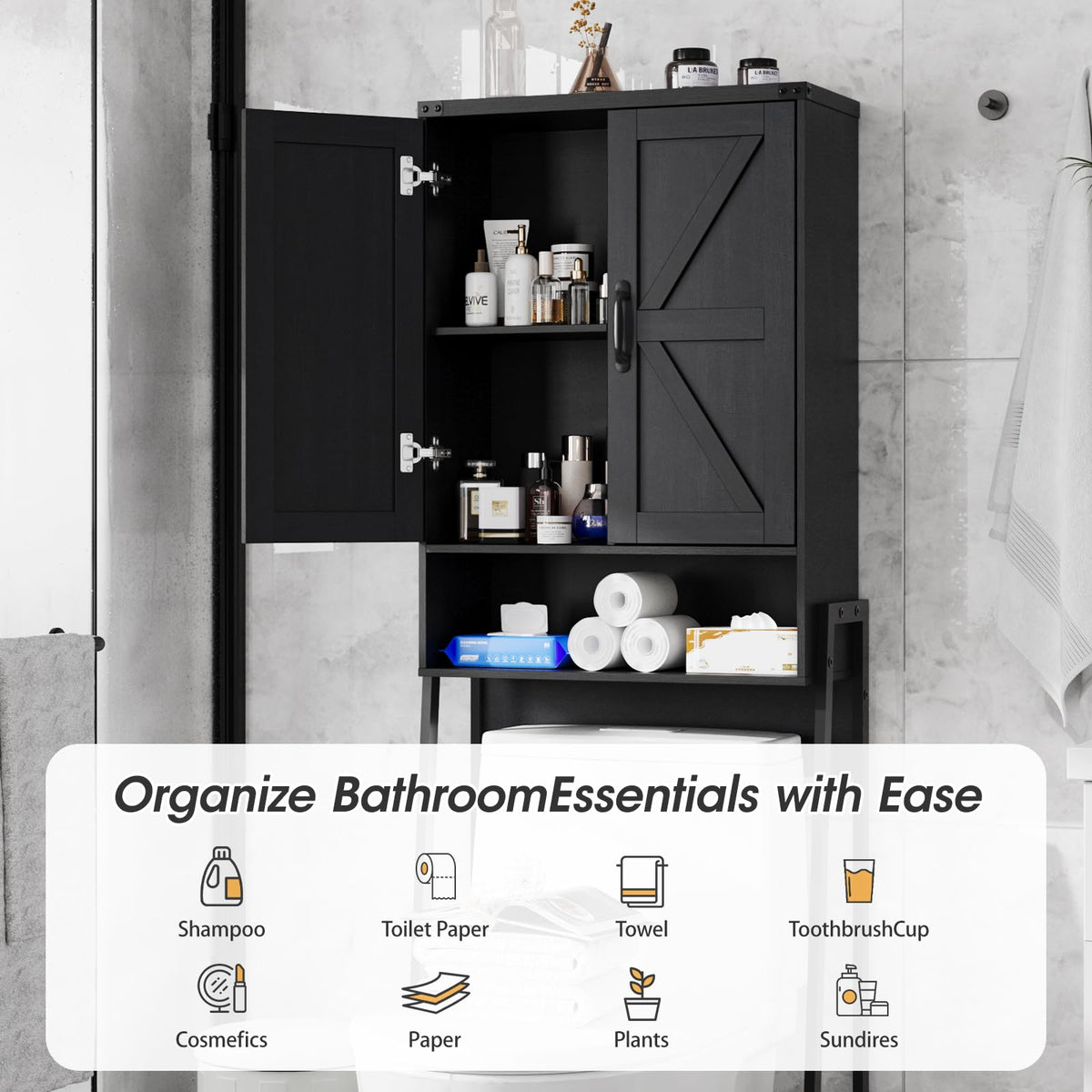 Over The Toilet Storage Cabinet with 2-Door Design Black A961