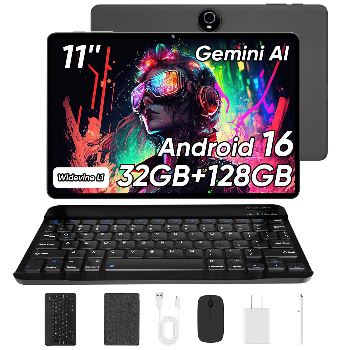 11 Inch Android 16 Tablet with Keyboard, 32GB RAM 128GB ROM, 8000mAh, Black O6172