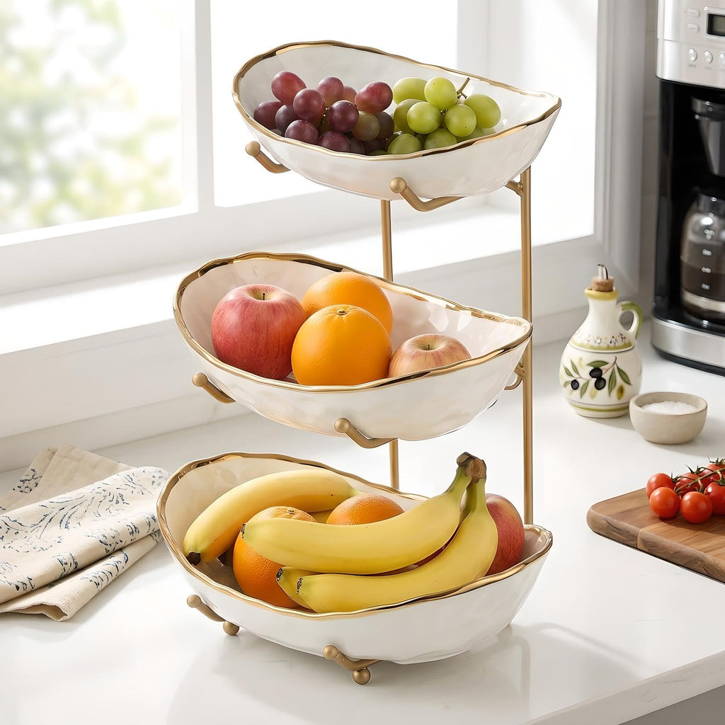 White 3 Tier Ceramic Fruit Bowl with Metal Holder J3367