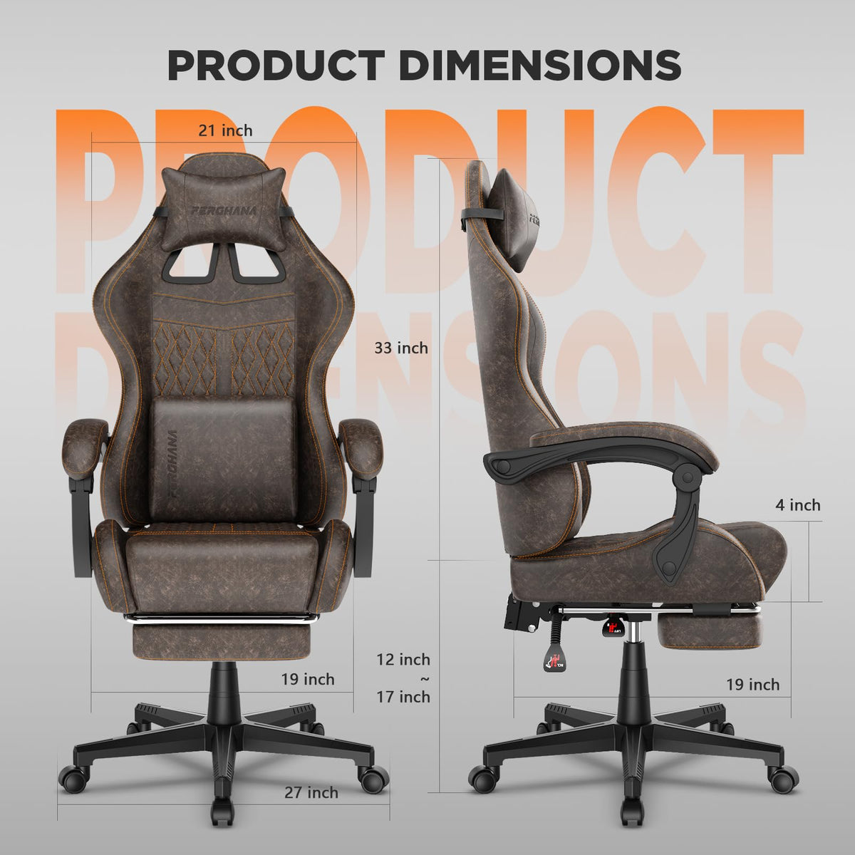 Brown PU Leather Ergonomic Reclining Gaming Chair with Massage Lumbar Support and Footrest V85309