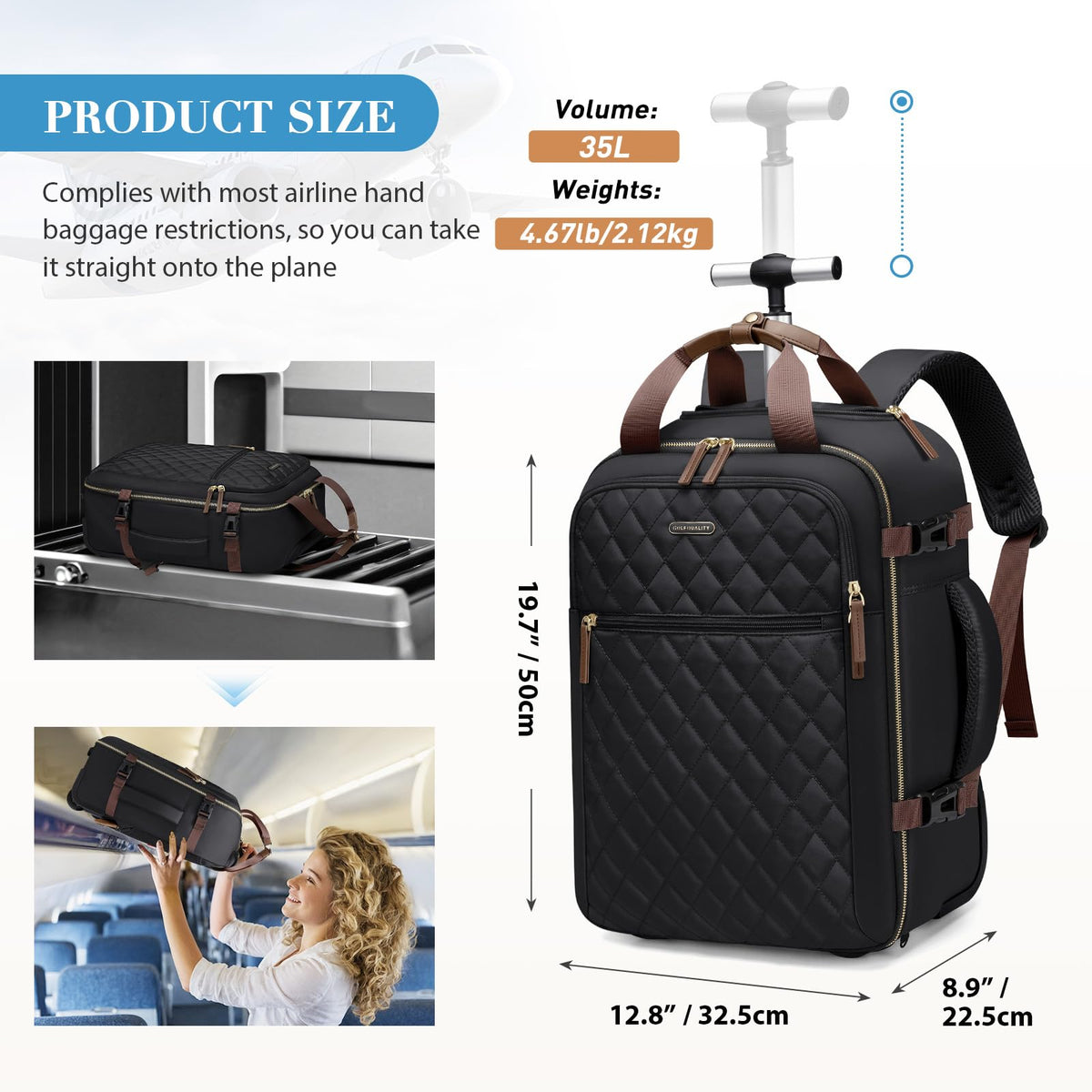 Black Rolling Laptop Backpack with Wheels S505161