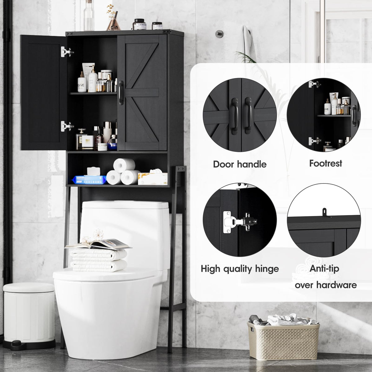 Over The Toilet Storage Cabinet with 2-Door Design Black A961