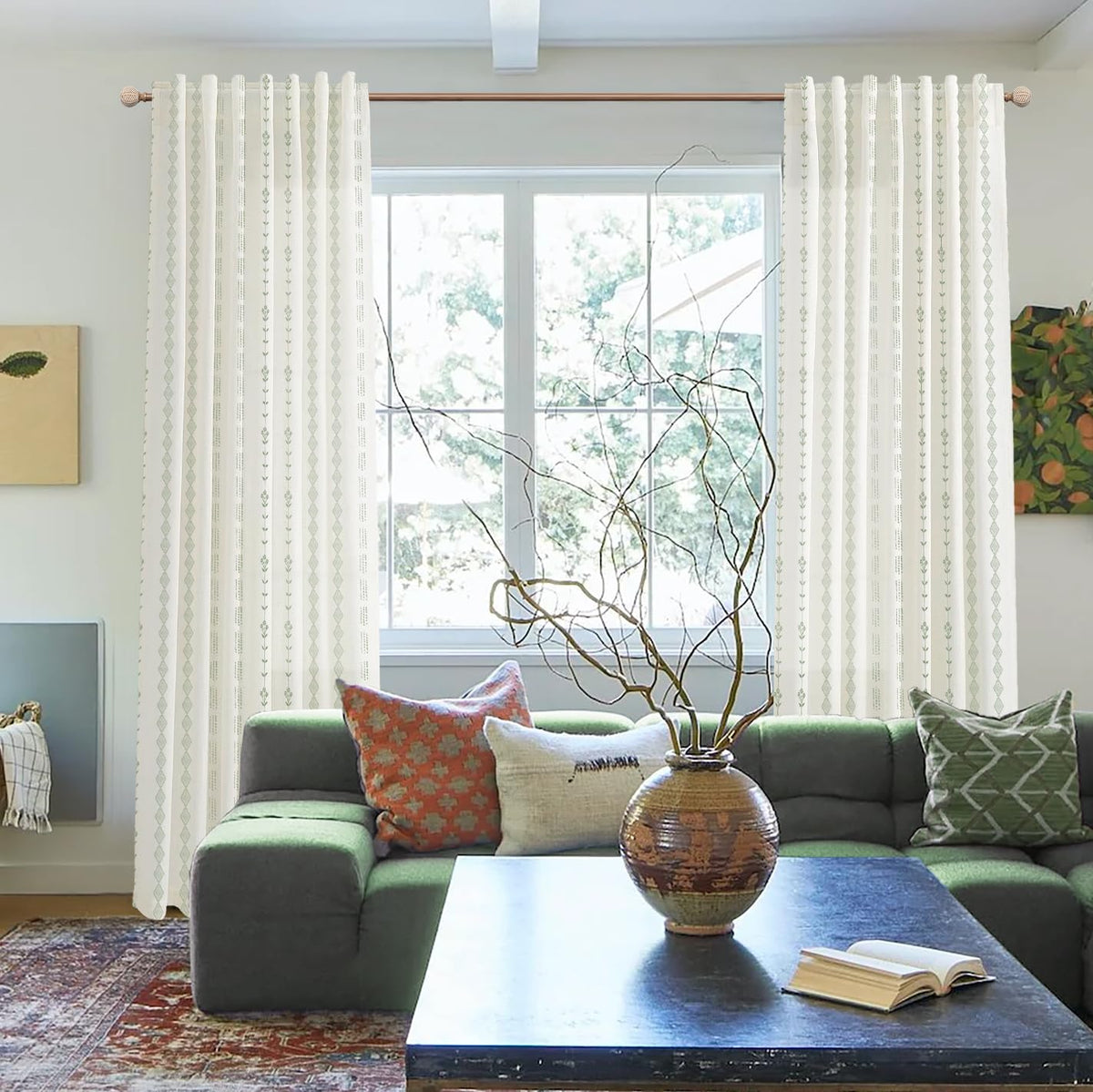 Green Striped Sheer Curtains 96 Inches Long Q847
