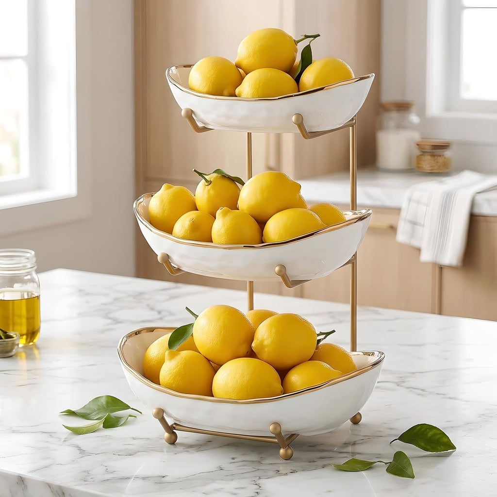 White 3 Tier Ceramic Fruit Bowl with Metal Holder J3367