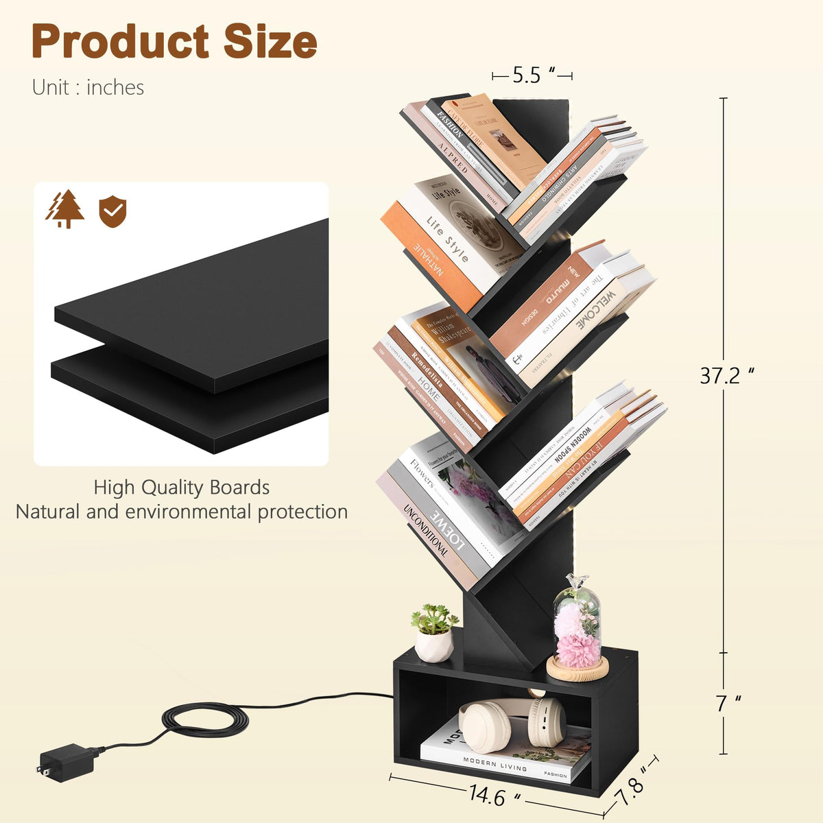 6 Tier Tree Bookshelf with Drawer and LED Lights B62635