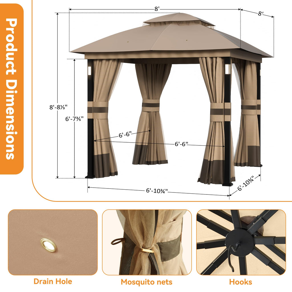 Khaki 8'x8' Outdoor Gazebo with LED Lights and Netting S972153