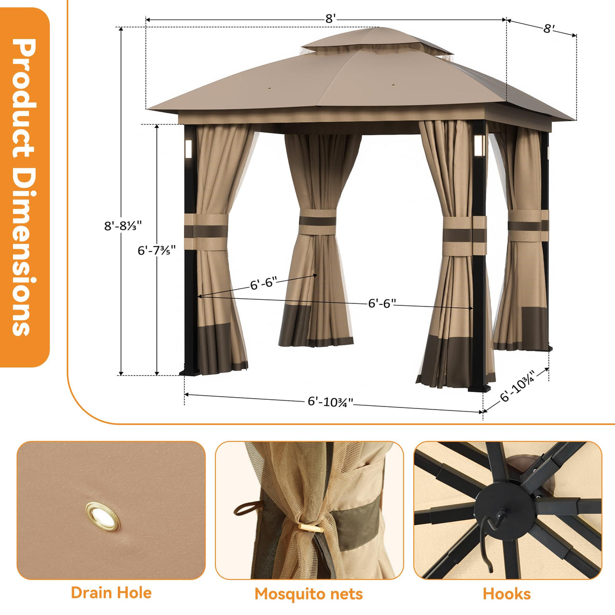 Khaki 8'x8' Outdoor Gazebo with LED Lights and Netting S972153