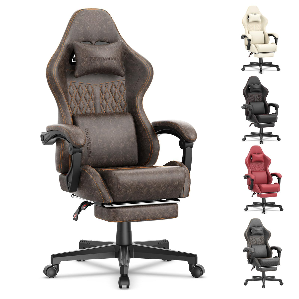 Brown PU Leather Ergonomic Reclining Gaming Chair with Massage Lumbar Support and Footrest V85309