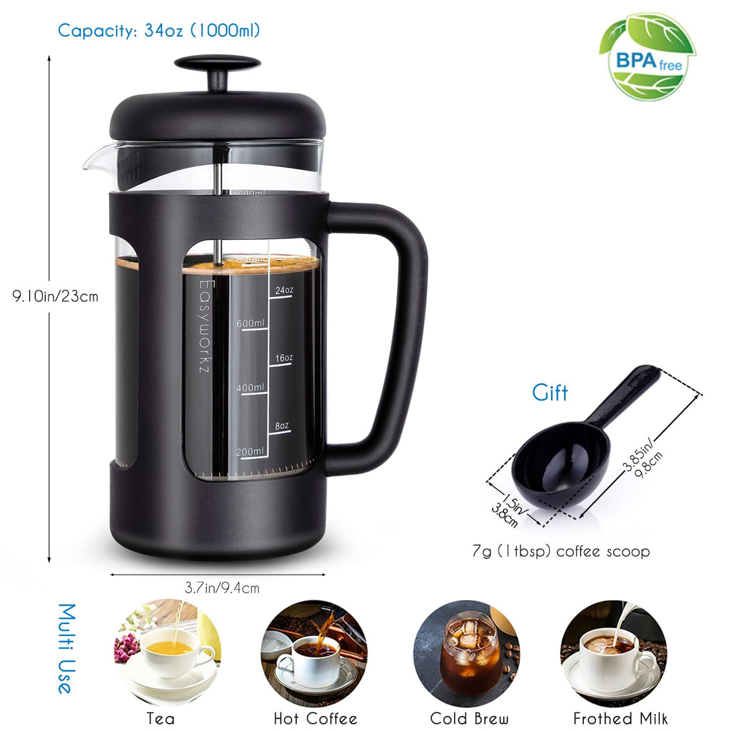 34 oz French Press Coffee Tea Maker with 10g Measuring Spoon R539