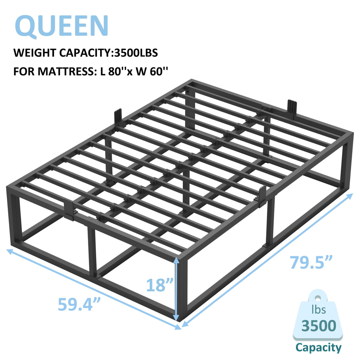 18 Inch Queen Size Black Metal Platform Bed Frame S9362