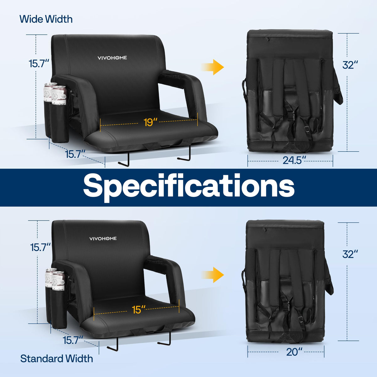 2 Pack Portable Padded Stadium Seats with Back Support and Cup Holder V6901