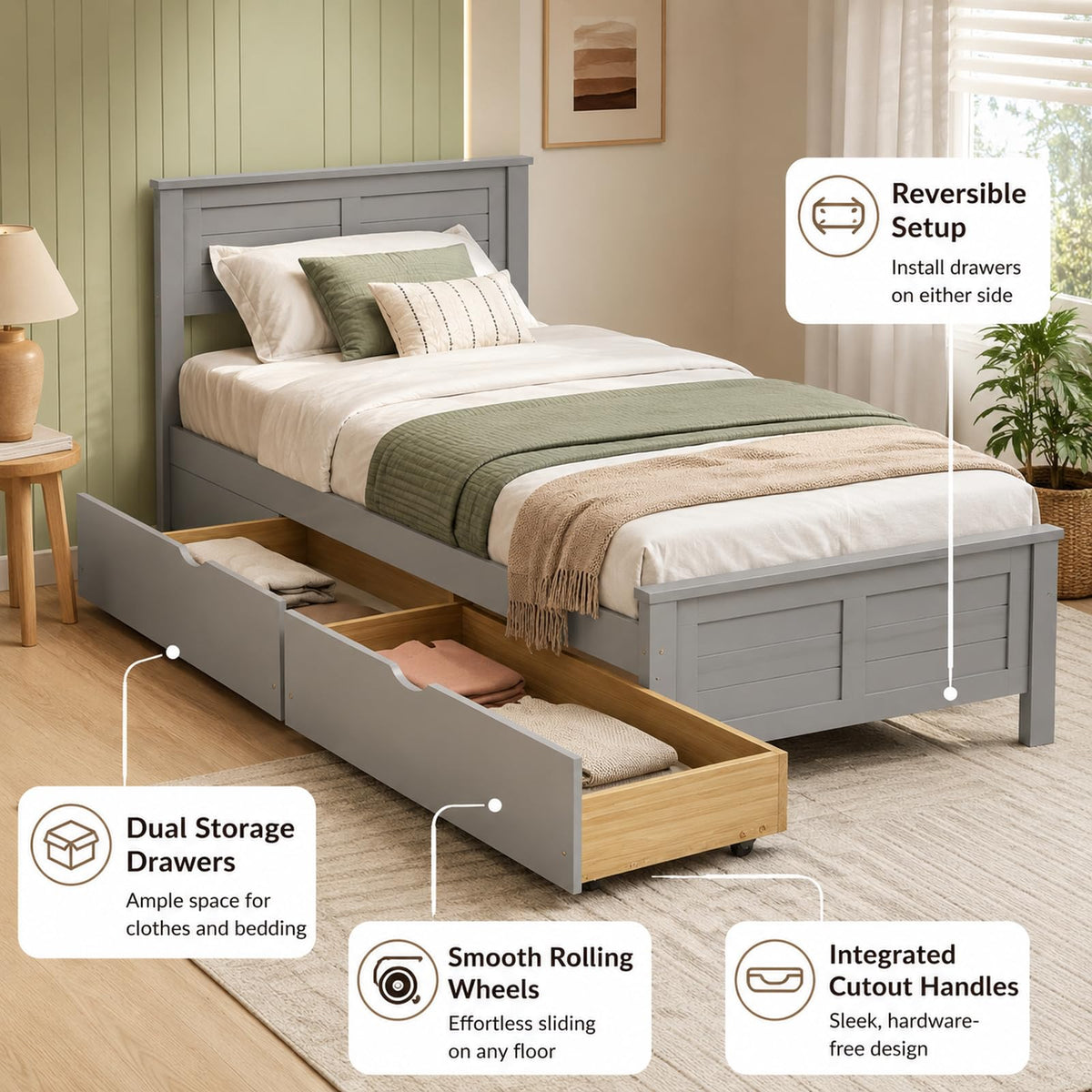 Wood Bed Frame with 2 Drawers & Headboard I812133