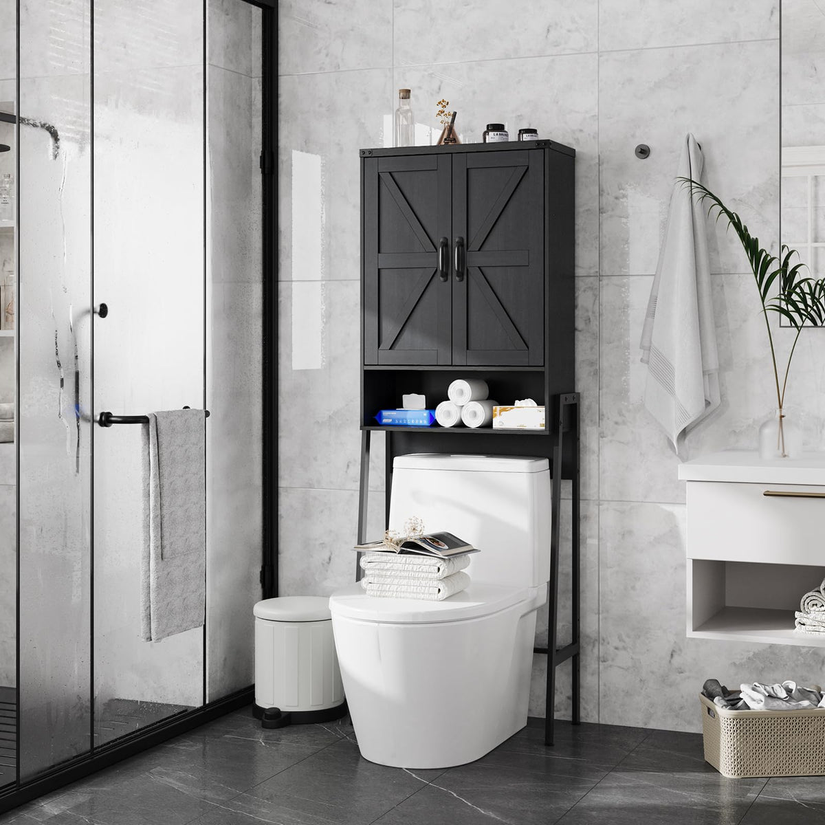 Over The Toilet Storage Cabinet with 2-Door Design Black A961