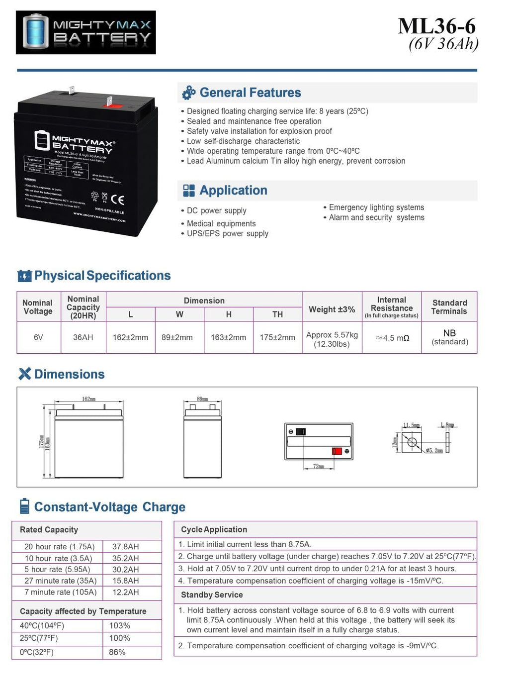 6 Volt 36 AH Rechargeable SLA AGM Battery 4 Pack Z985
