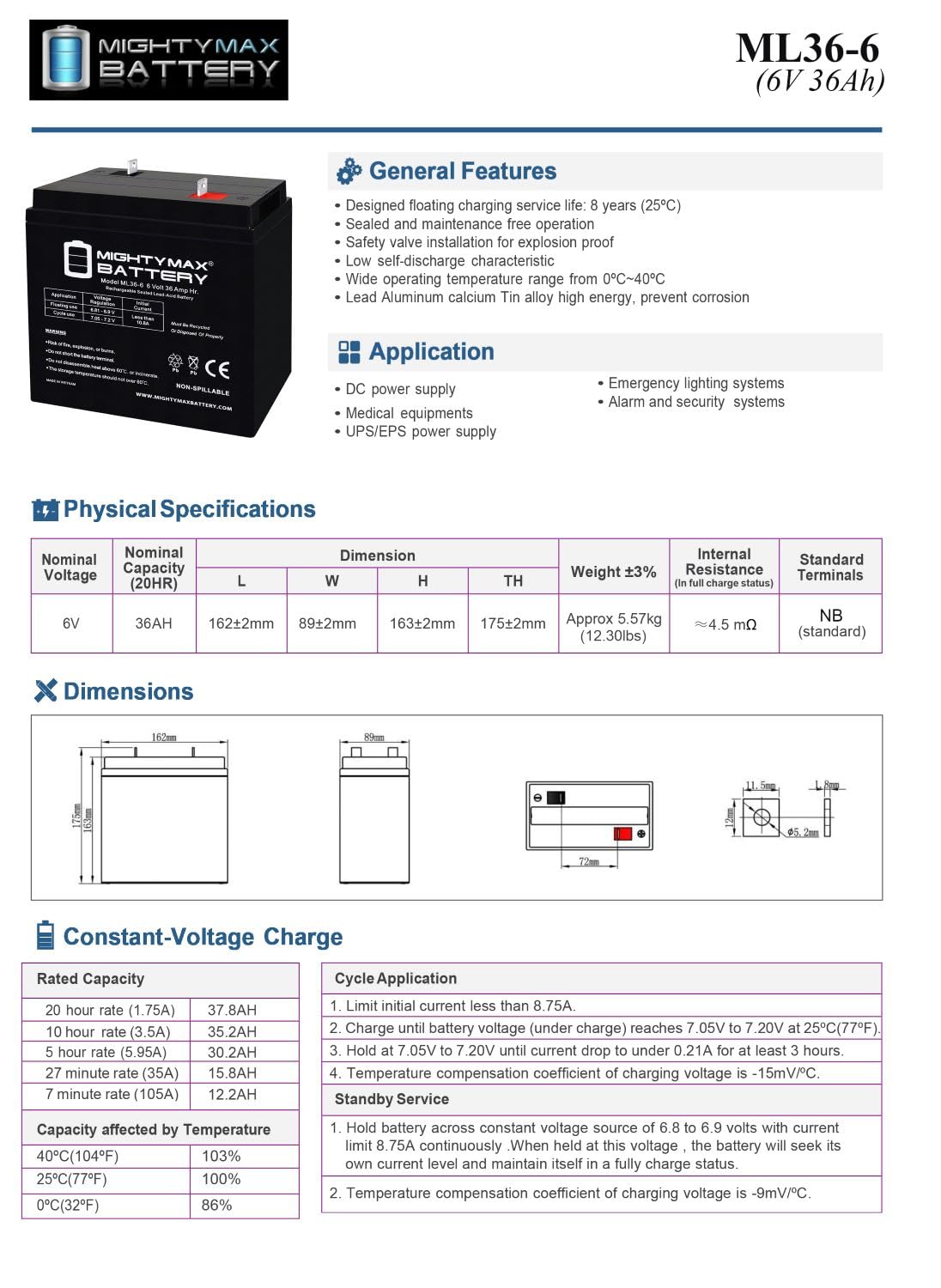 6 Volt 36 AH Rechargeable SLA AGM Battery 4 Pack Z985