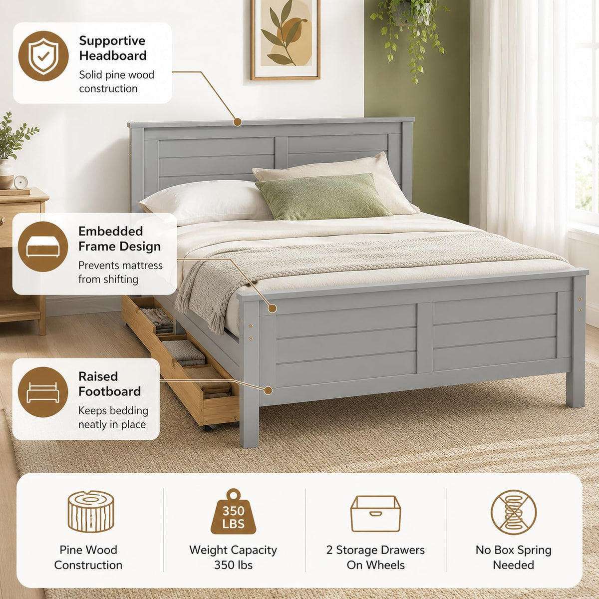 Wood Bed Frame with 2 Drawers & Headboard I812133