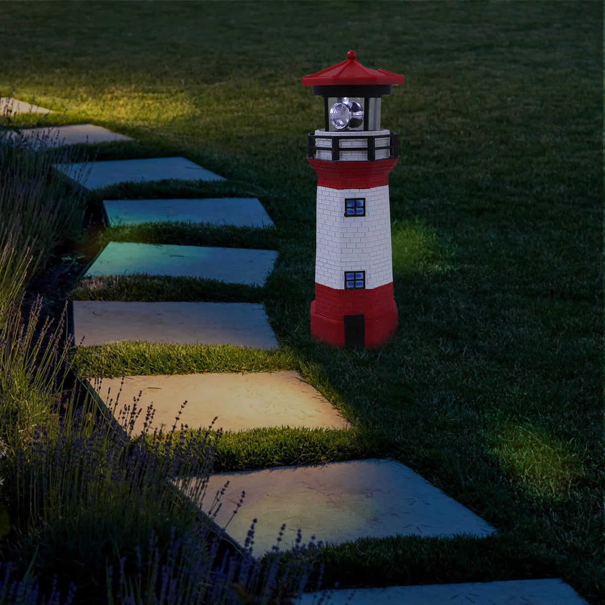 Solar Powered Rotating Lighthouse Figurine Red Resin Metal Landscape Light with LED V949079