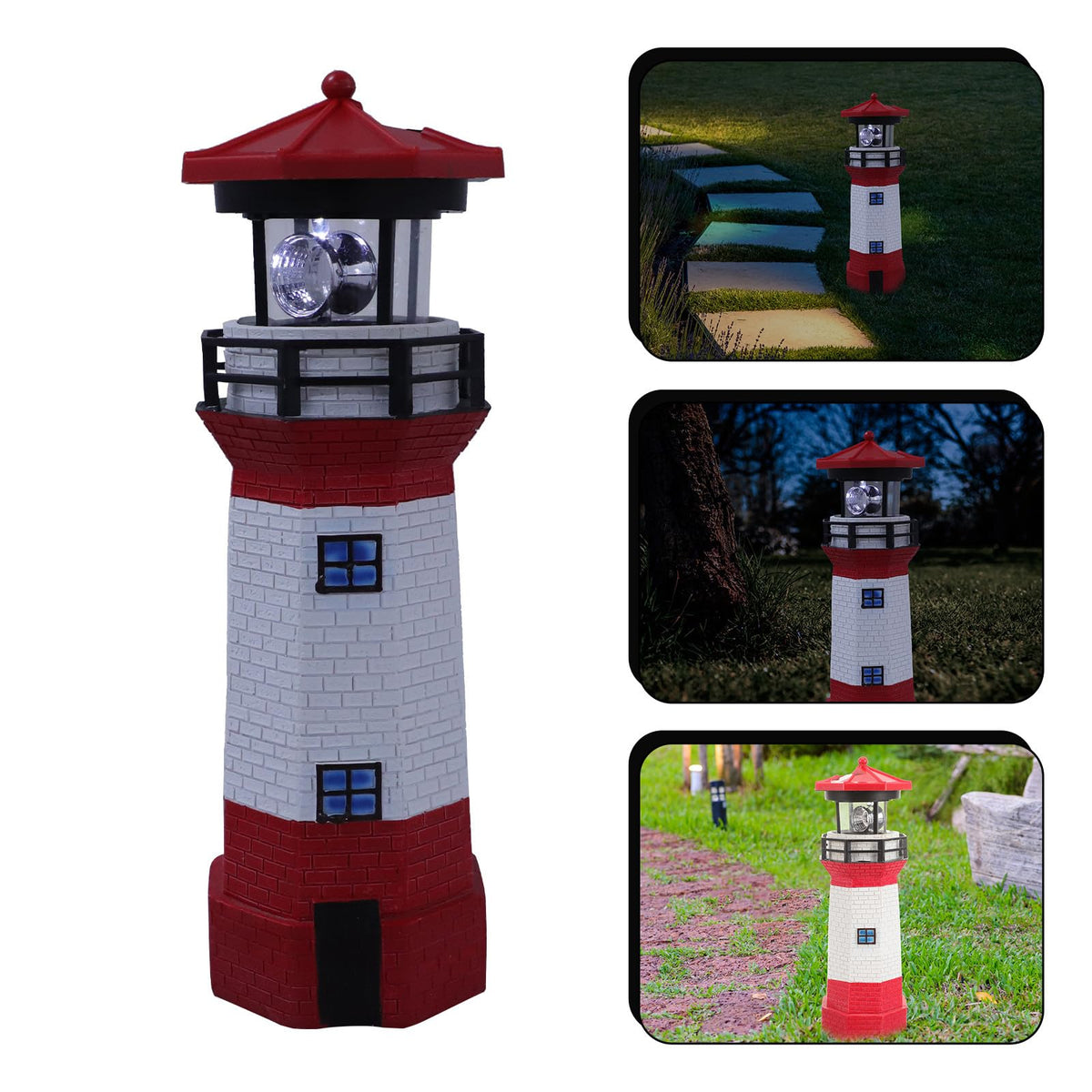 Solar Powered Rotating Lighthouse Figurine Red Resin Metal Landscape Light with LED V949079