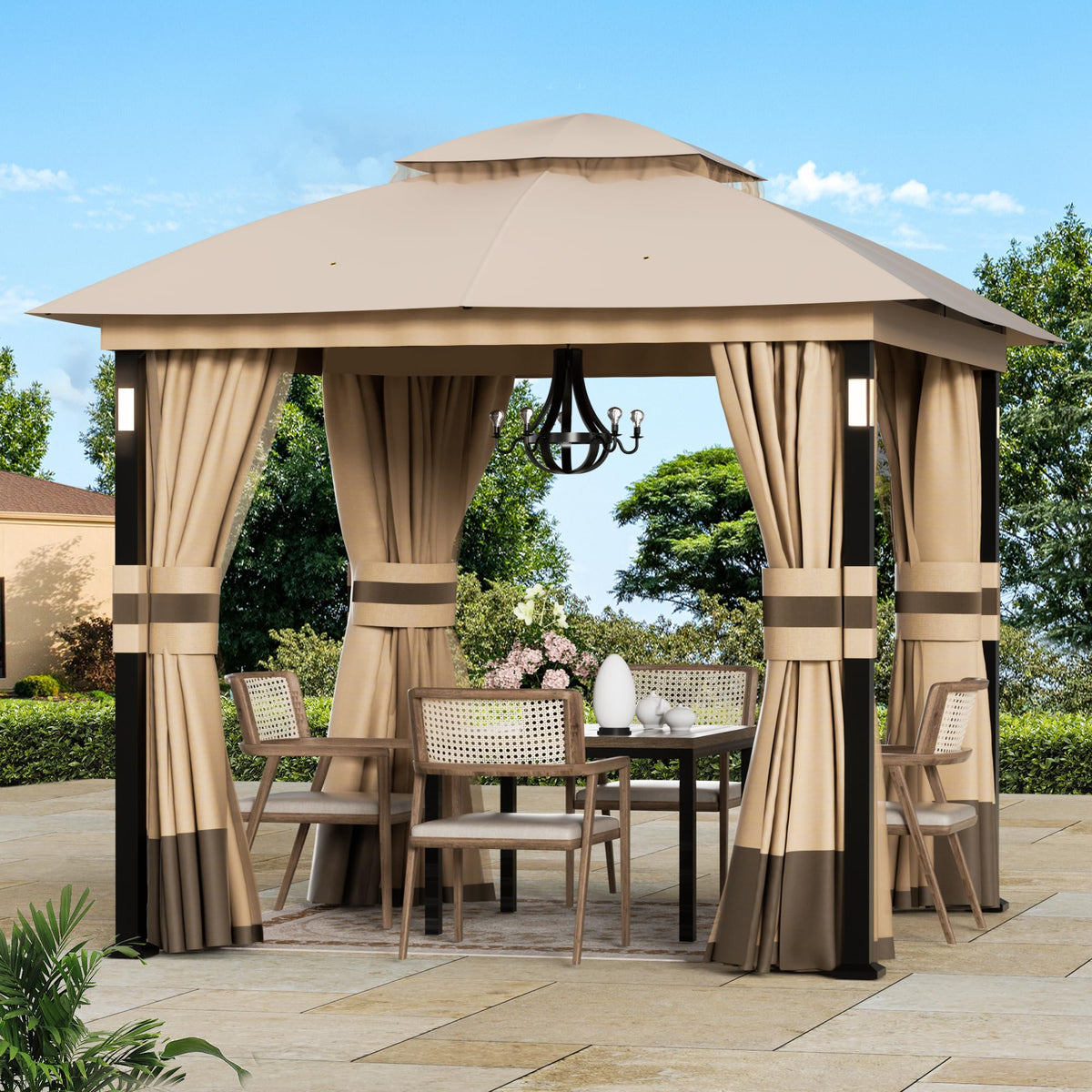 Khaki 8'x8' Outdoor Gazebo with LED Lights and Netting S972153