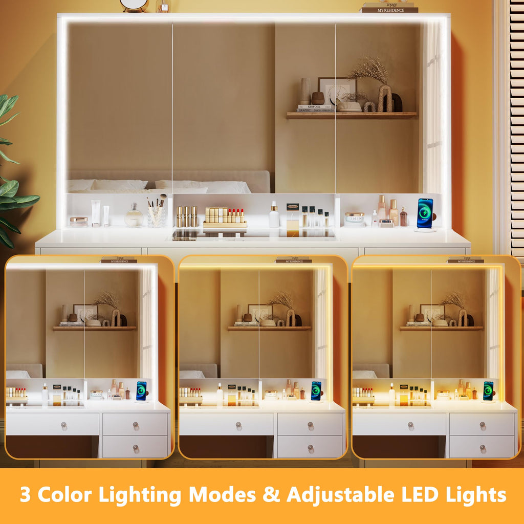 White Vanity Desk with Mirror and Lights V382