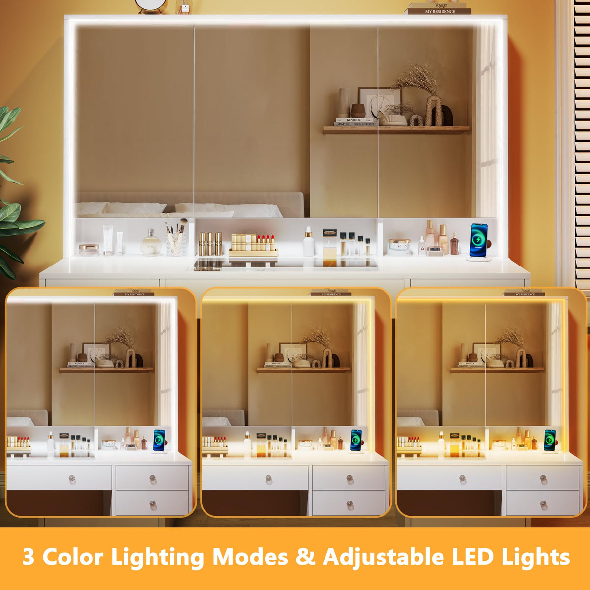 White Vanity Desk with Mirror and Lights V382
