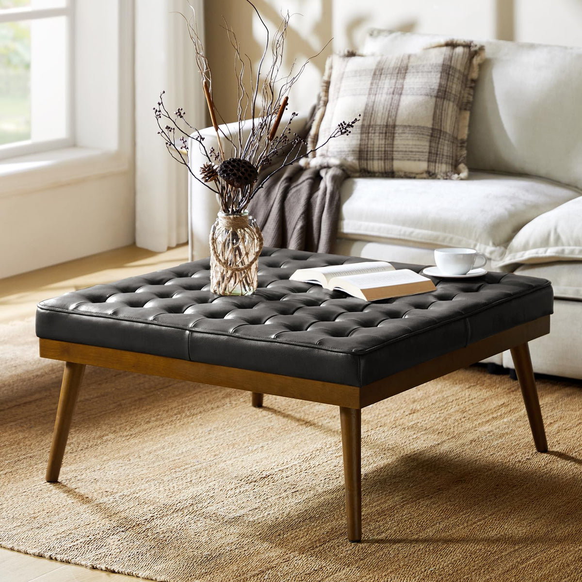 36" Genuine Leather Square Tufted Ottoman Q655783