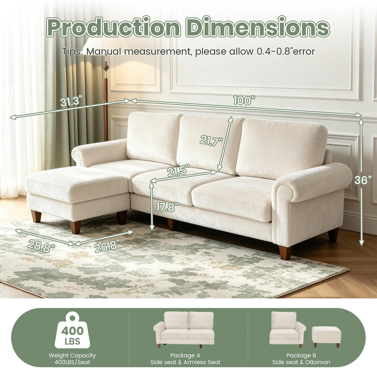 100" L-Shaped Velvet Sectional Sofa with Ottoman G1177