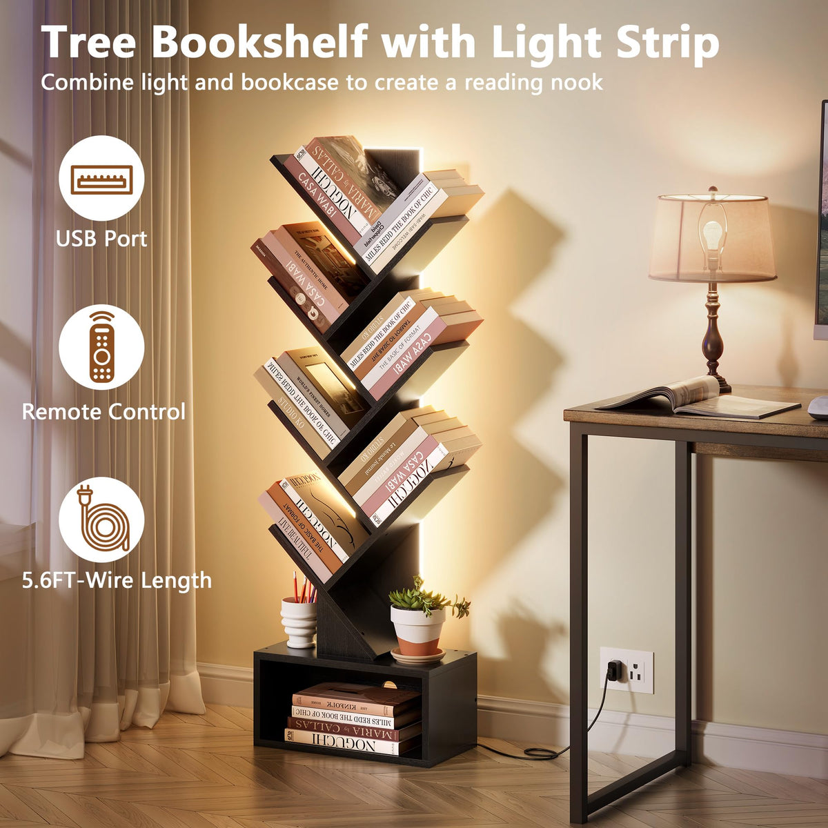 6 Tier Tree Bookshelf with Drawer and LED Lights B62635