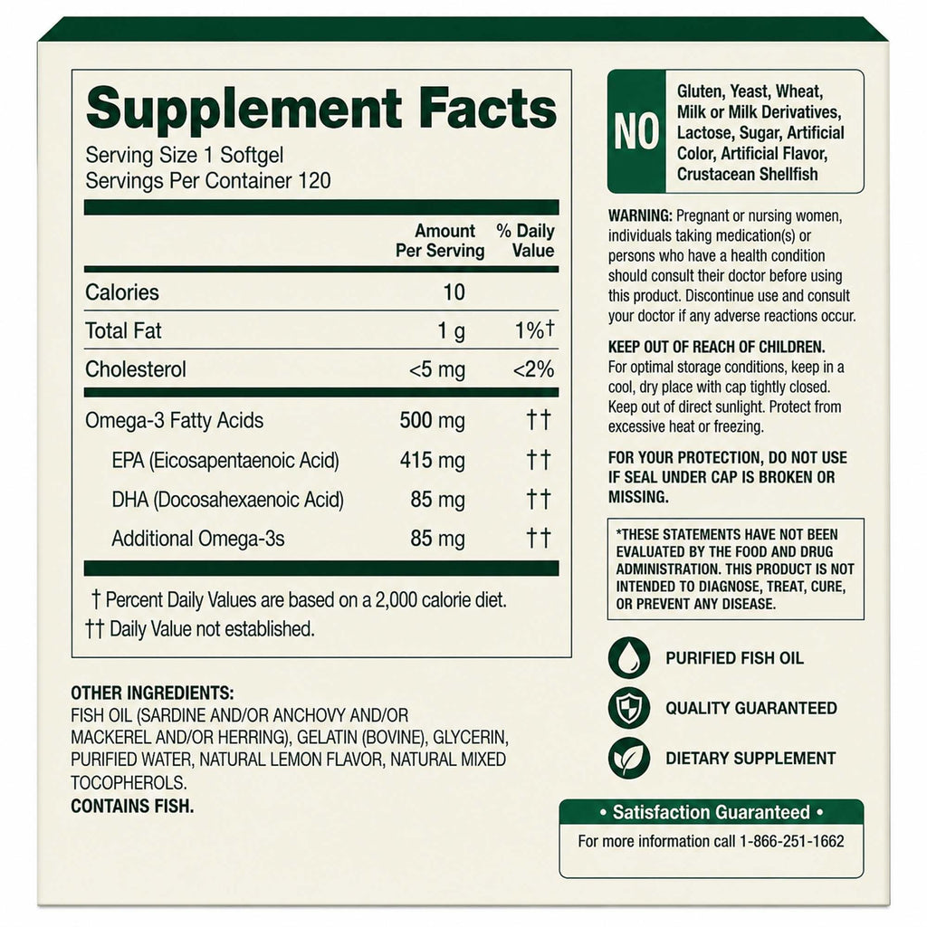 Omega-3 Fish Oil 500 mg 120 Count SoftGels Dietary Supplement Q173