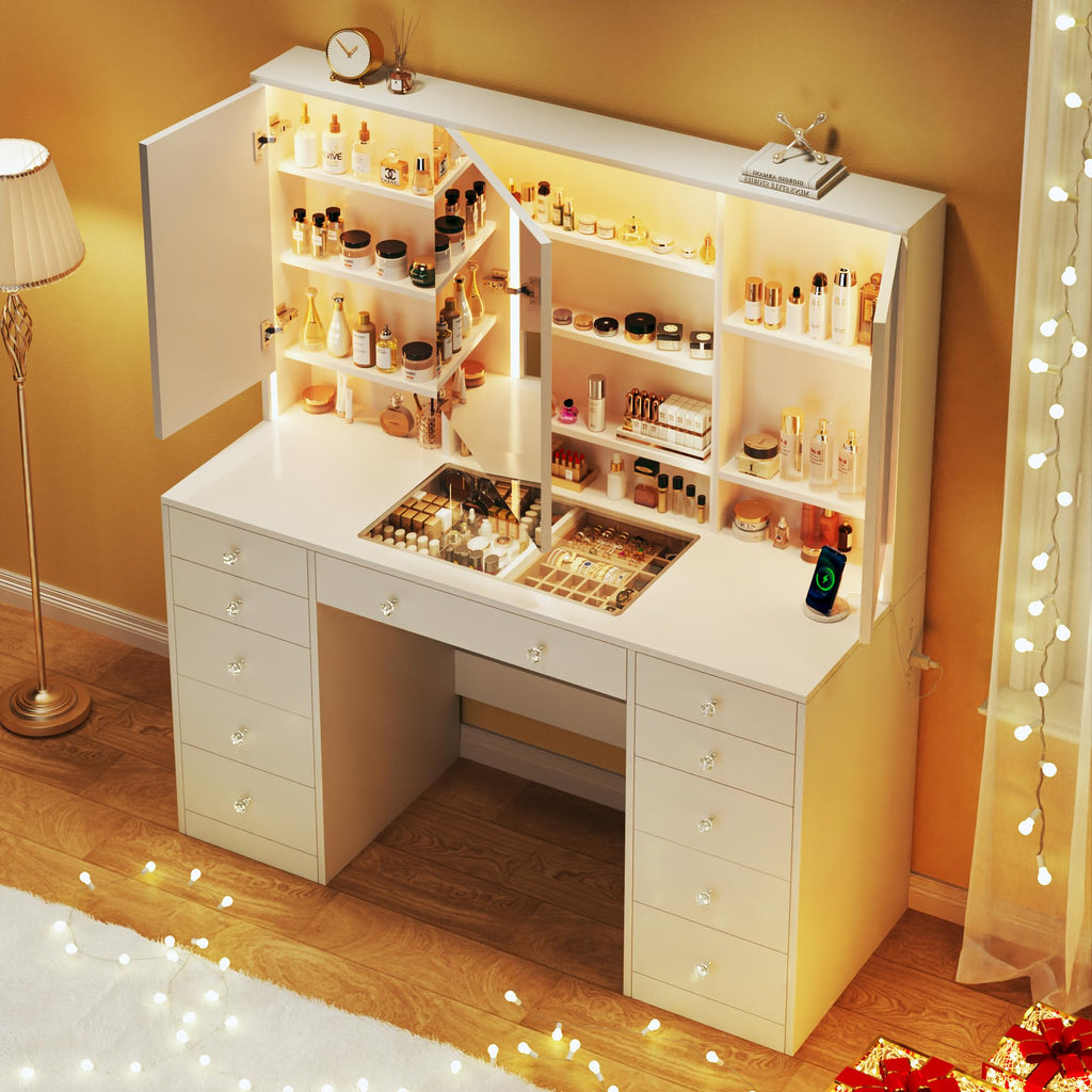White Vanity Desk with Mirror and Lights V382